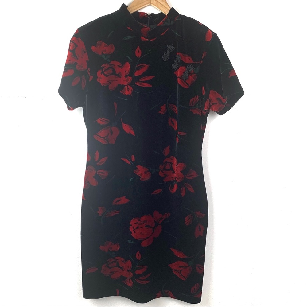 HP🏆Vintage 90’s Amanda Smith Velvet Red & Black Floral Cheongsam Style Dress 8P